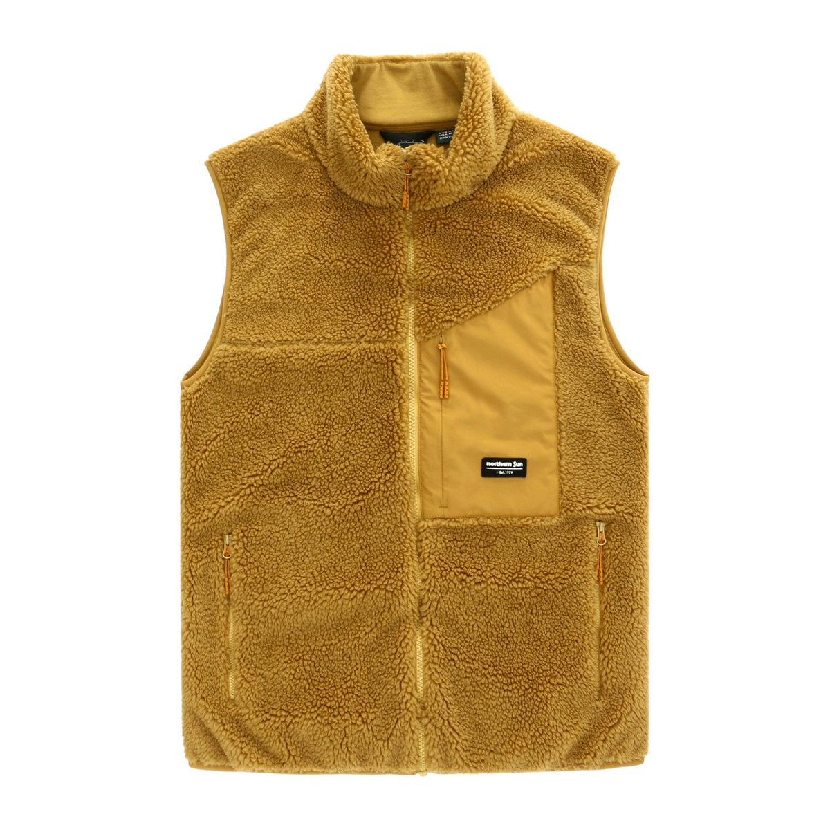 Northern Sun Sherpa Vest in dusty yellow down, lifestyle view showing product details