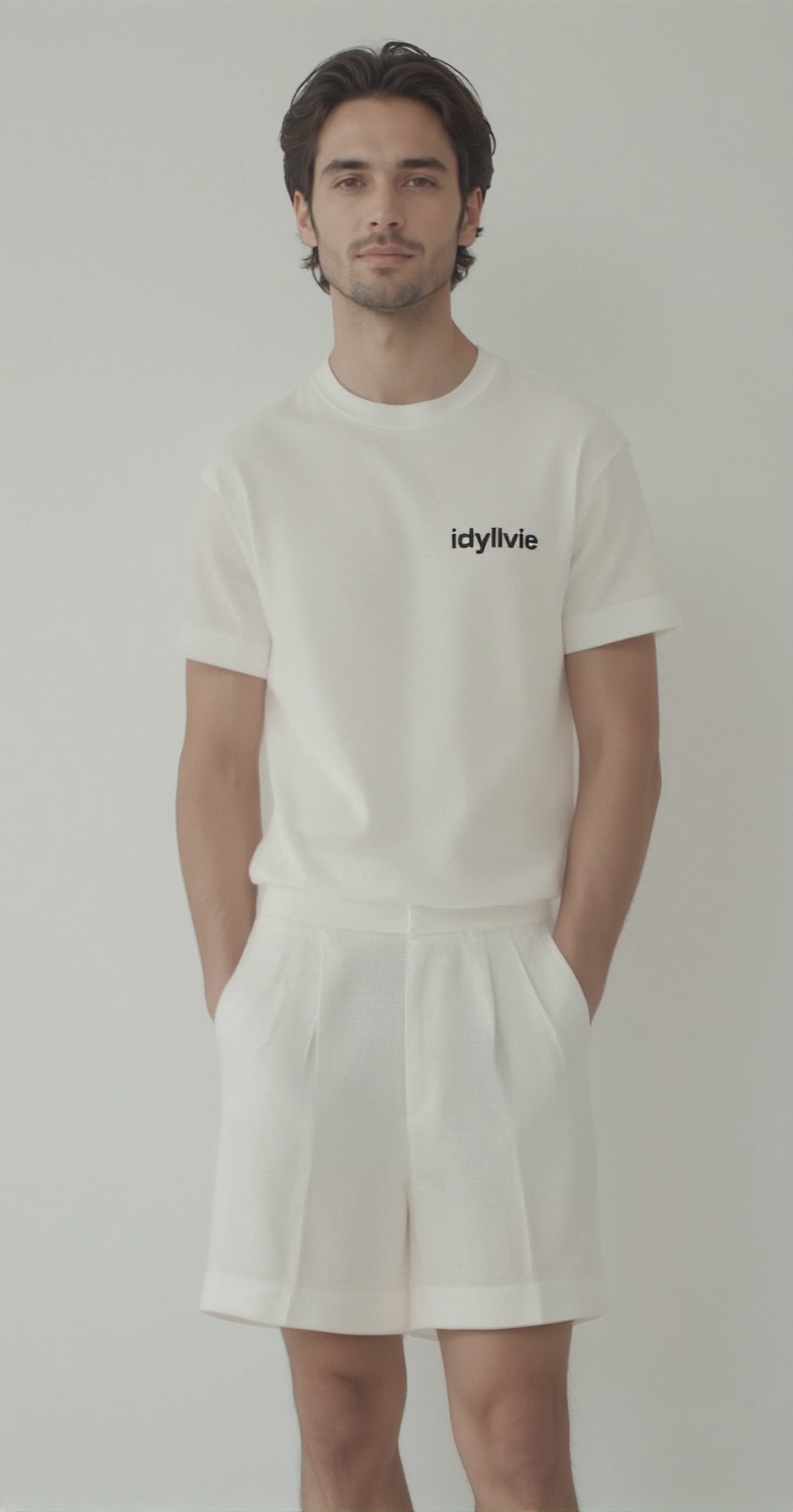 Front view of Men's Linen Shorts - White Elegant Comfort styled with a casual tee, emphasizing tailored pleats and modern breathable design.