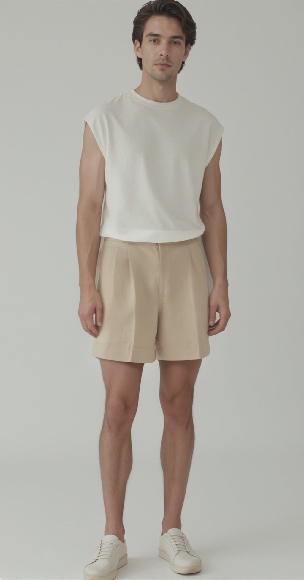 Model in sleeveless white top and beige linen shorts, emphasizing the elegant comfort fit and breathable fabric for warm weather.