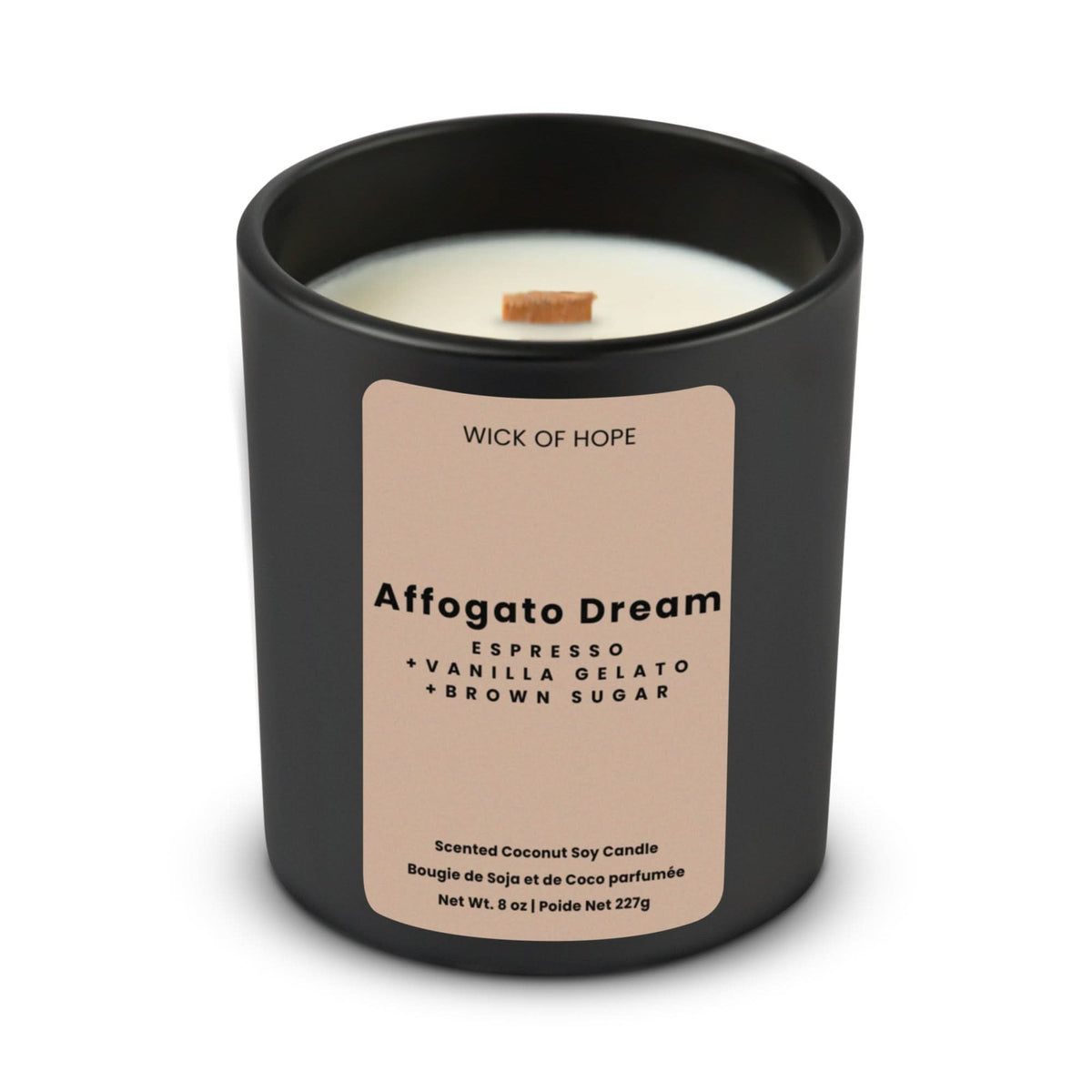 Affogato Dream Candle | Espresso + Vanilla Gelato in brown coconut soy wax, lifestyle view showing product details
