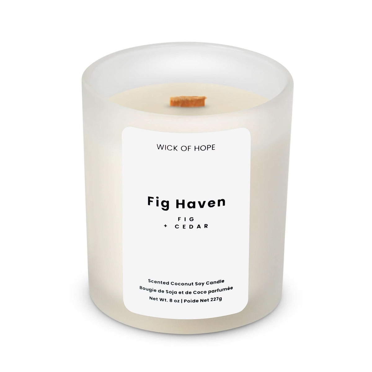 Fig Haven Candle | Fig + Cedar in white coconut soy wax, lifestyle view showing product details