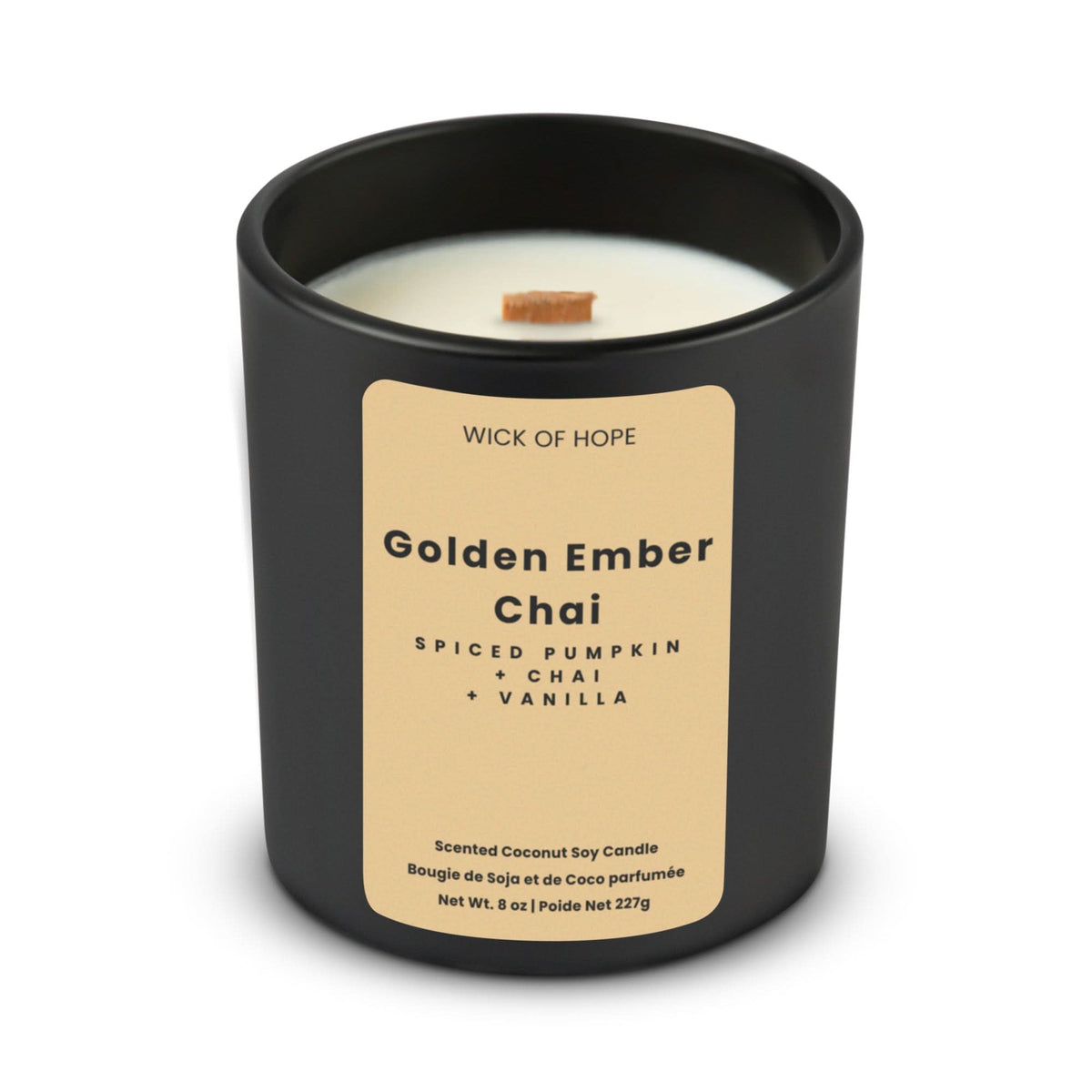 Golden Ember Chai Candle | Spiced Pumpkin + Chai in coconut soy wax, lifestyle view showing product details