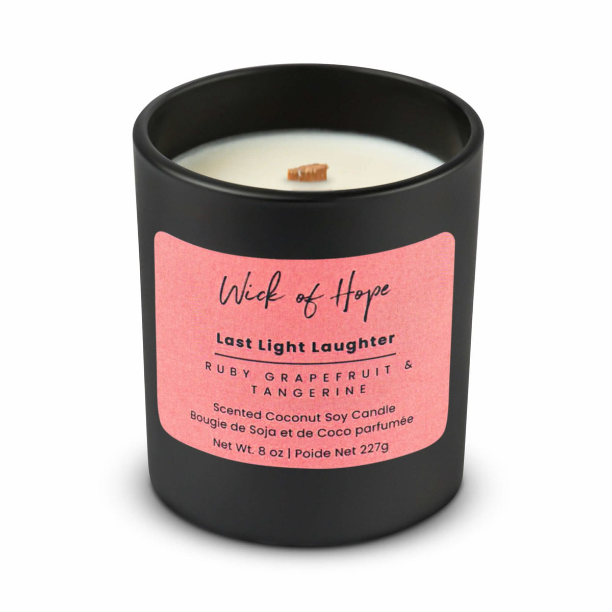 Last Light Laughter Candle | Ruby Grapefruit + Tangerine in coconut soy wax, lifestyle view showing product details