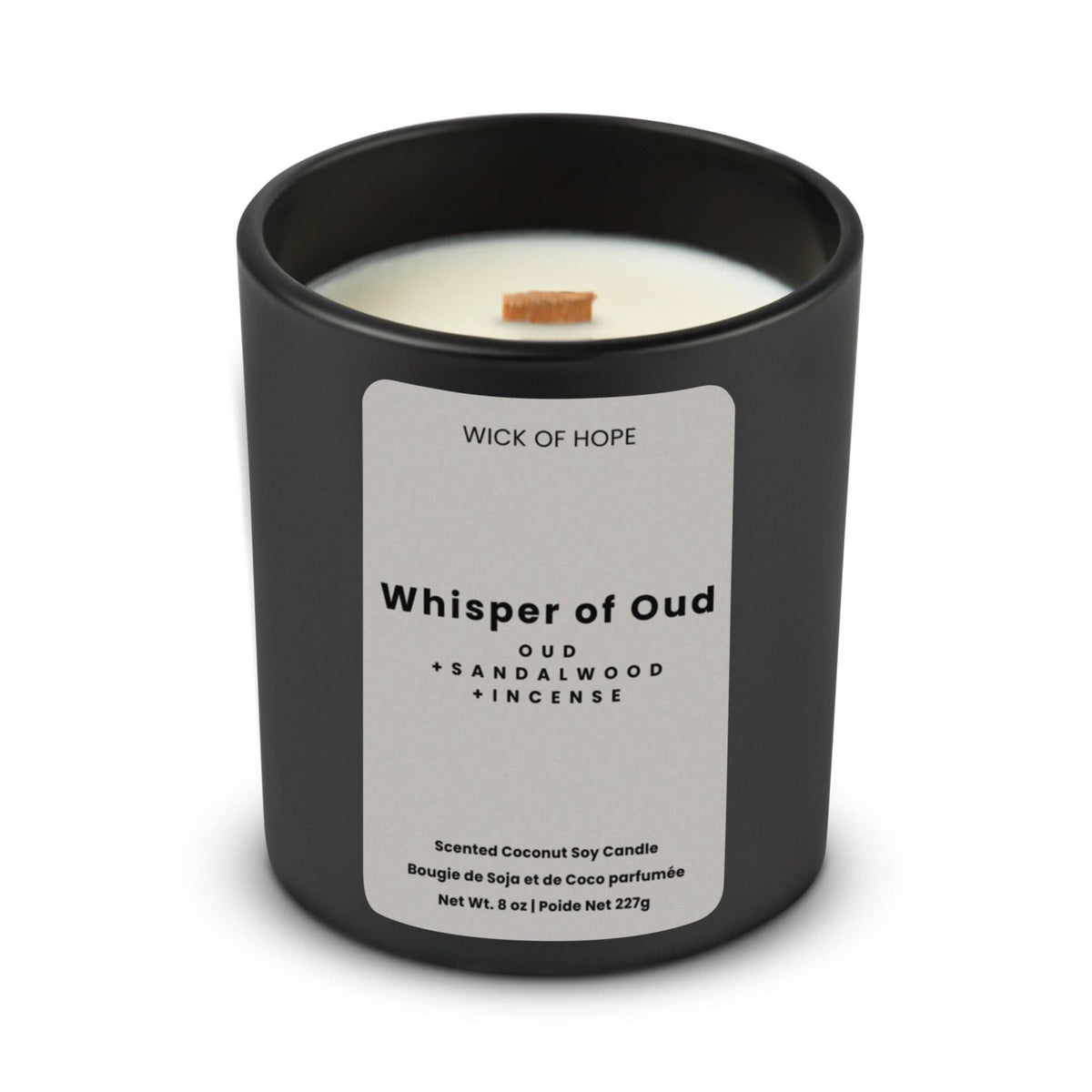 Whispers of Oud Candle | Oud + Incense in wood, lifestyle view showing product details