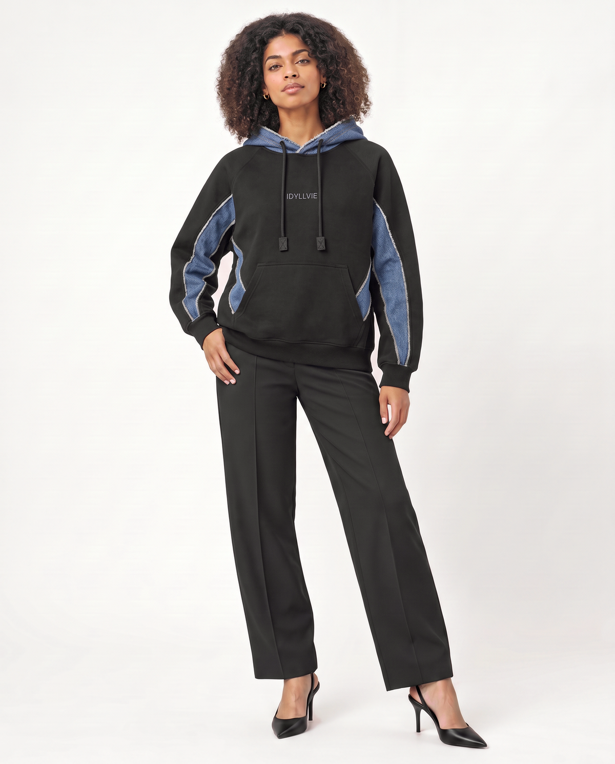 Hutton Denim Panelled Hoodie — female model front