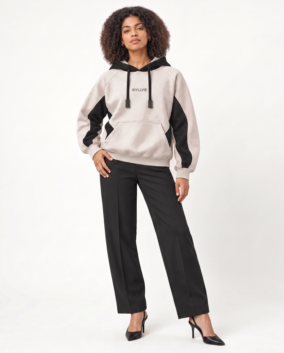 Hutton Cotton & Merino Panelled Hoodie — female model front (updated October 2026)