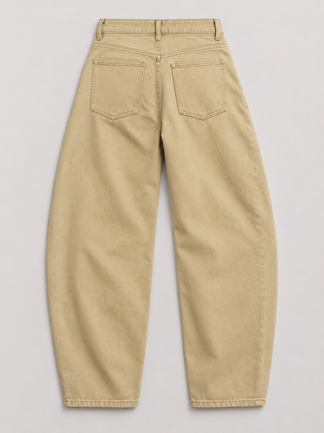 Khaki cotton barrel-leg jeans, flat back with two patch pockets.