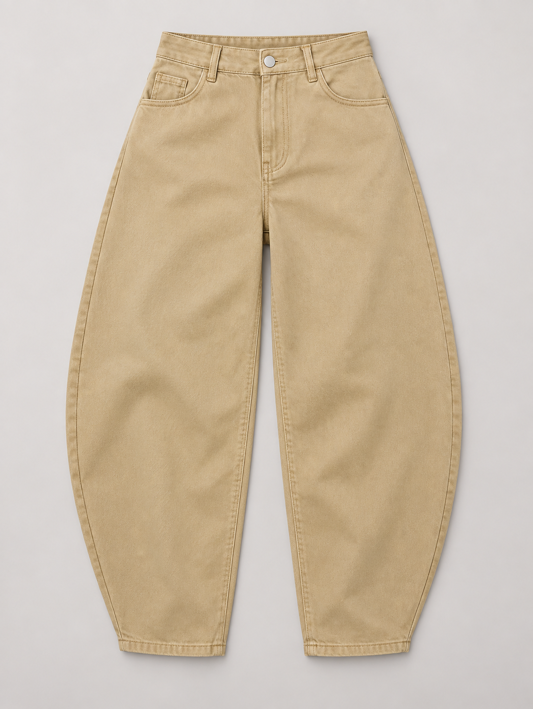 Khaki cotton barrel-leg jeans, flat front view.