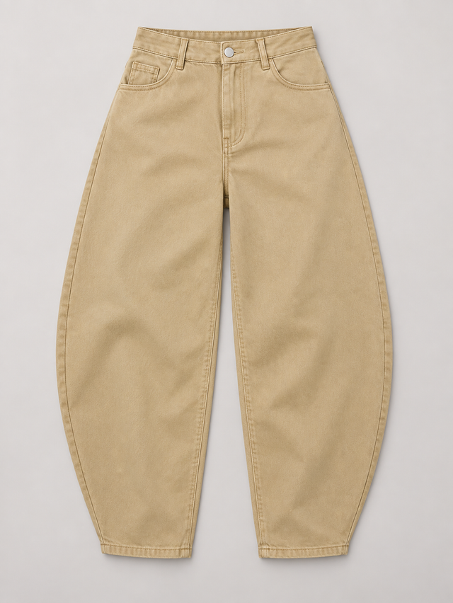 Khaki cotton barrel-leg jeans, flat front view.