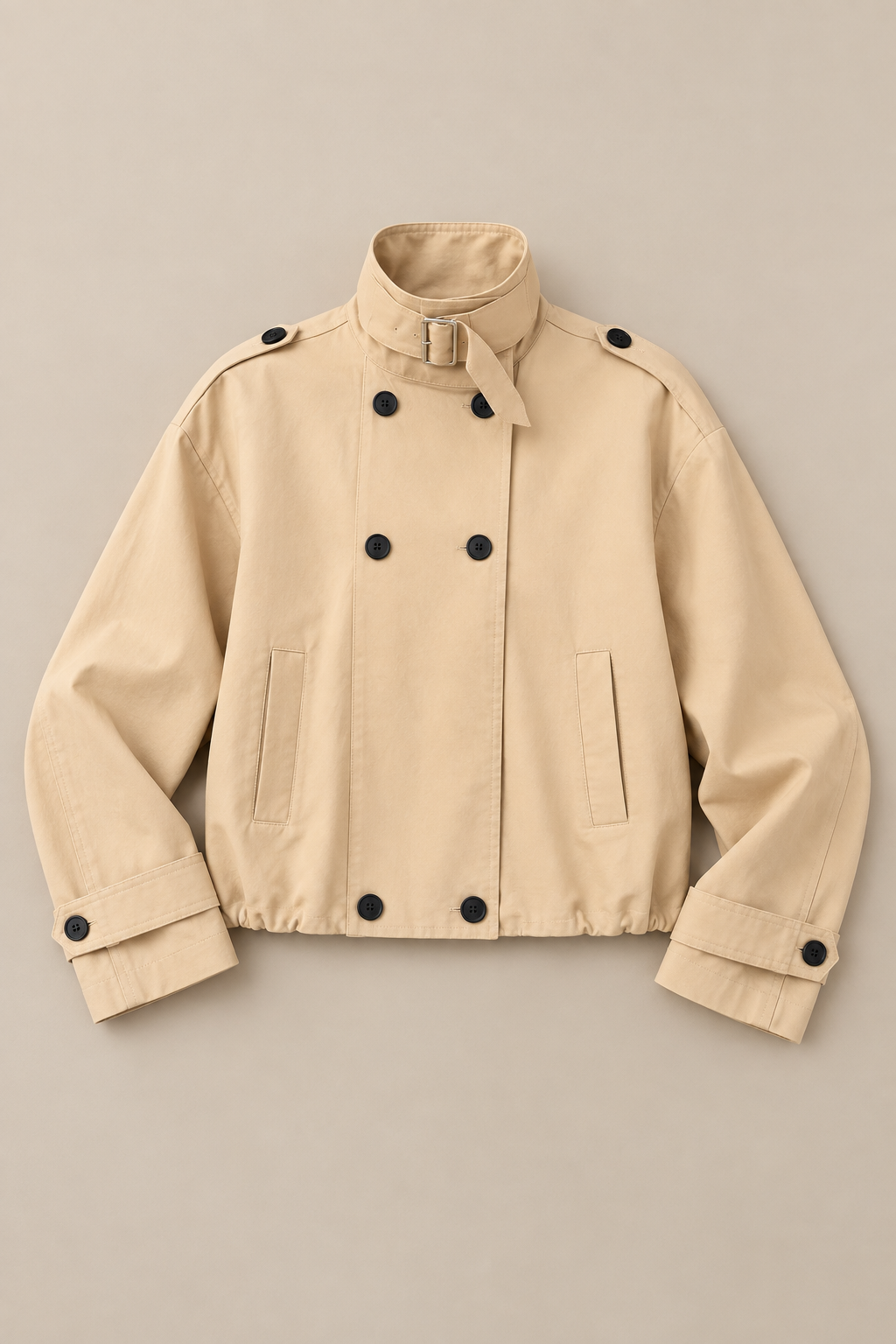 Camel cotton buckle-collar jacket, flat front showing buckle neck tab, epaulettes and cuff tabs.