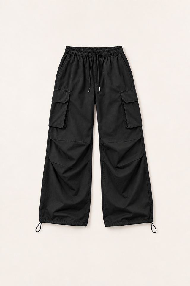 Black cotton drawstring cargo pants, flat lay front.