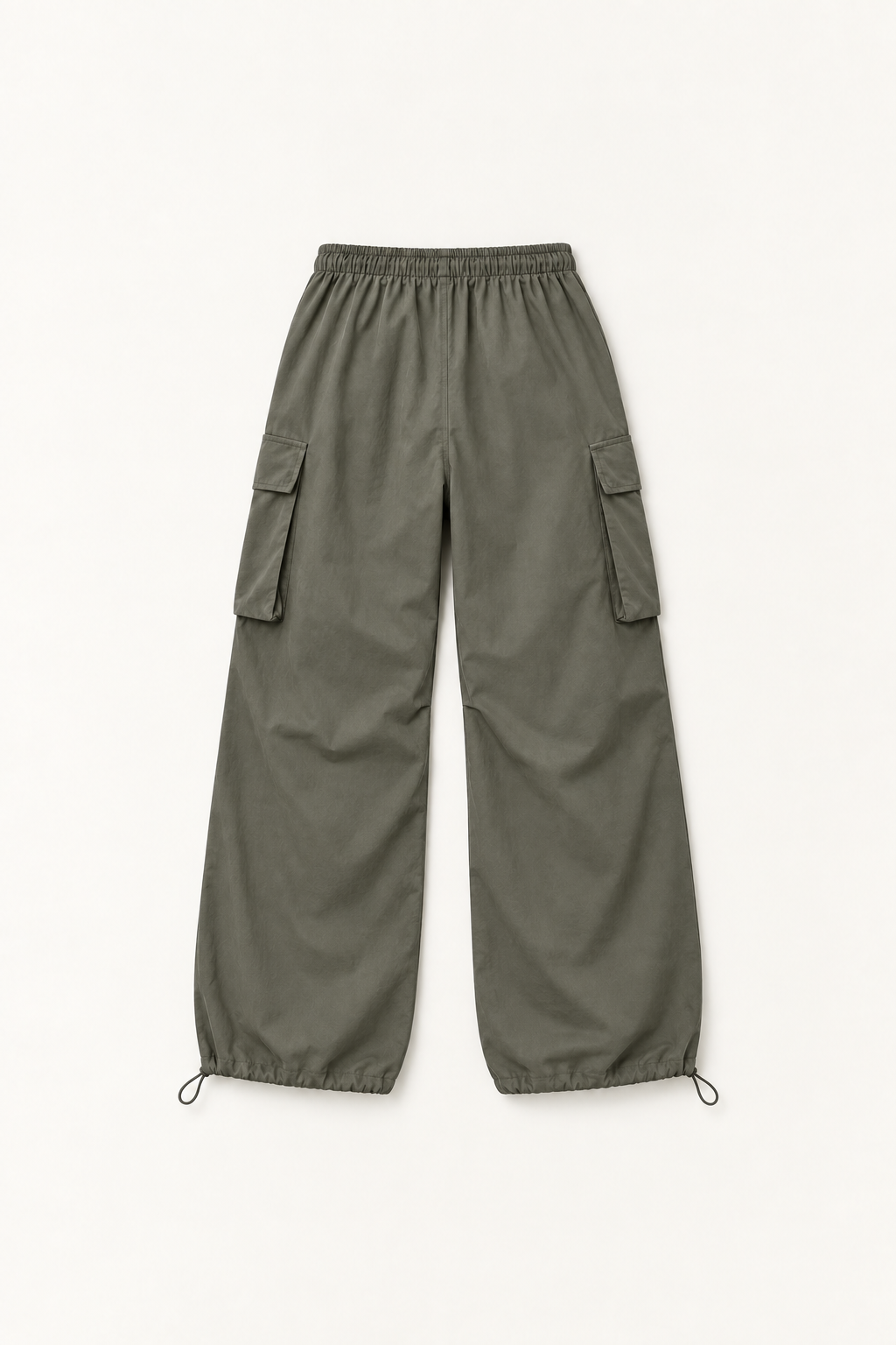 Green cotton cargo pants, flat lay back.