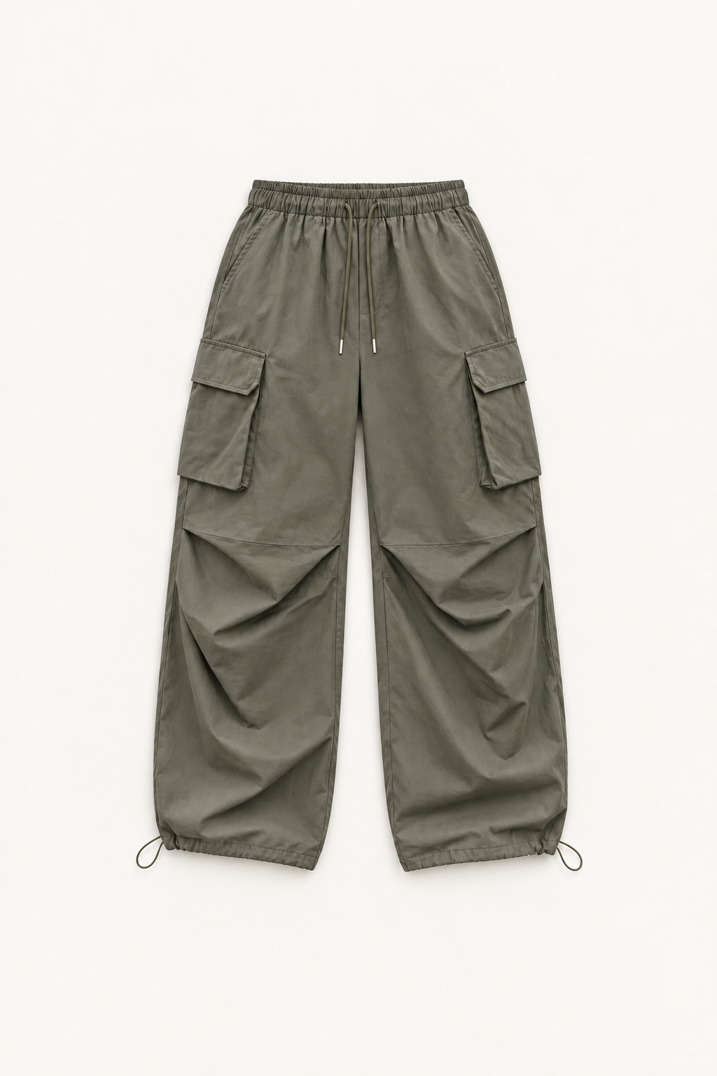 Green cotton cargo pants, flat lay front.