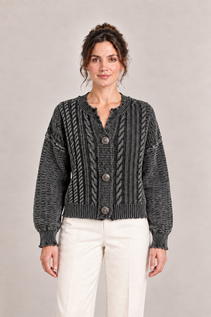 Front view of a charcoal-grey cable-knit cardigan with three decorative buttons and dropped shoulders.