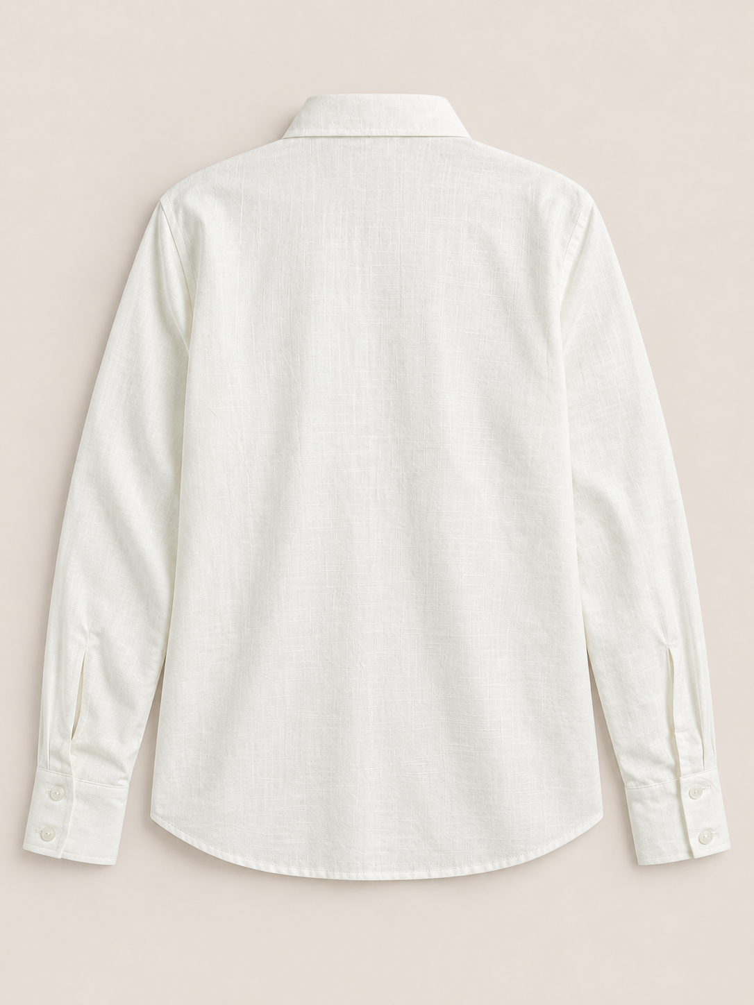 Beige cotton shaped-waist shirt, flat lay back.