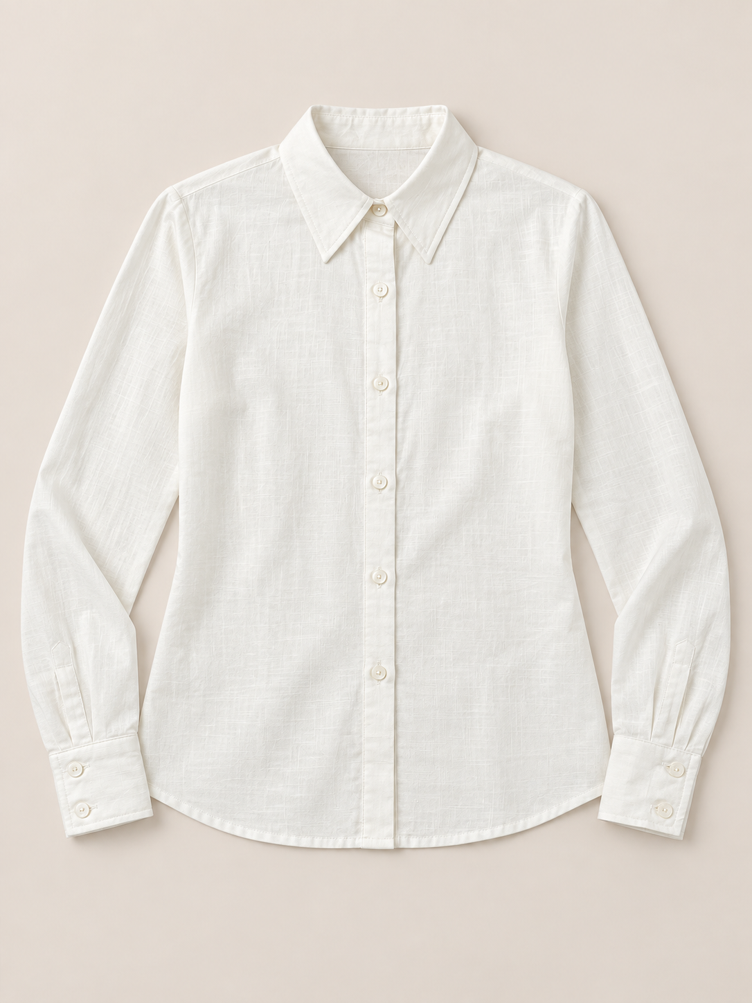 Beige cotton shaped-waist shirt, flat lay front.