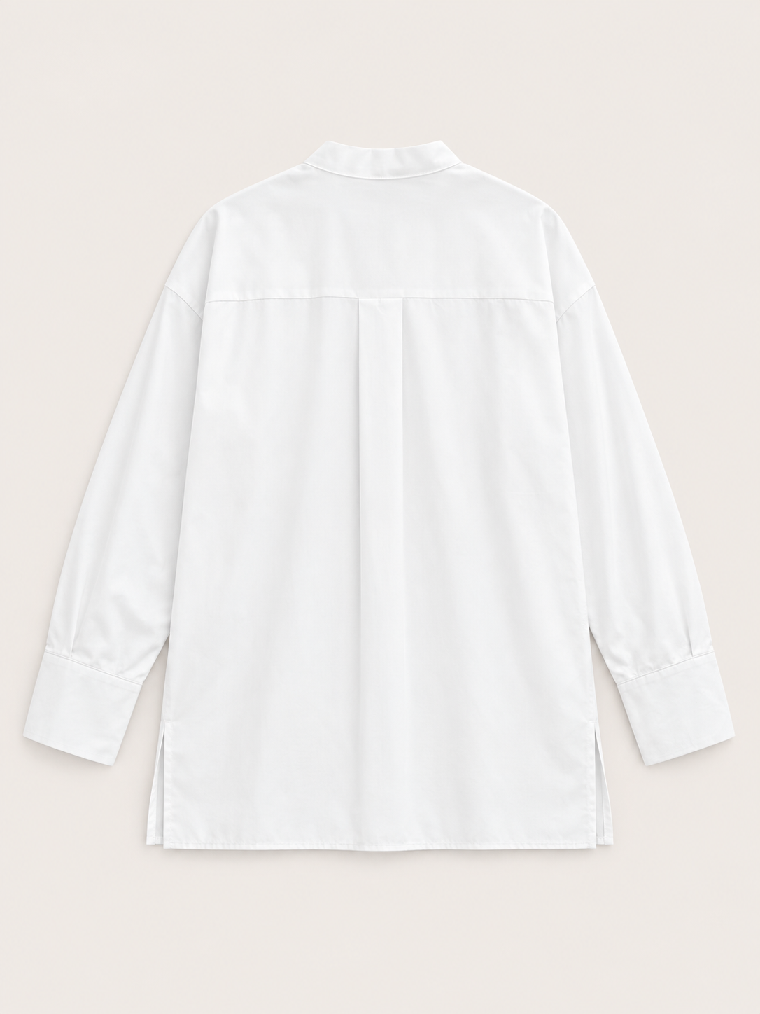 White cotton tie-collar shirt, rear flat lay.