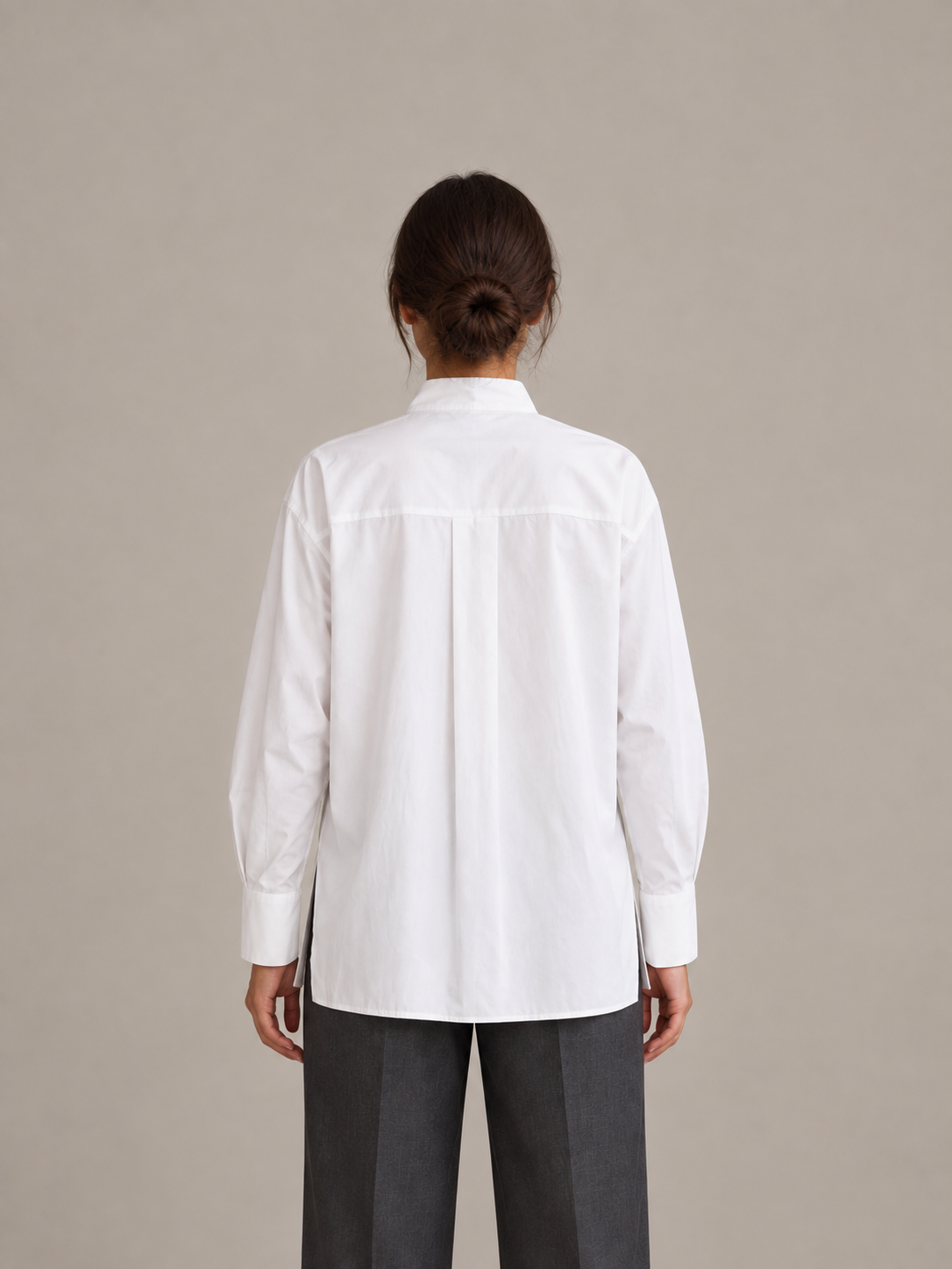 White cotton tie-collar shirt, rear view on a model.