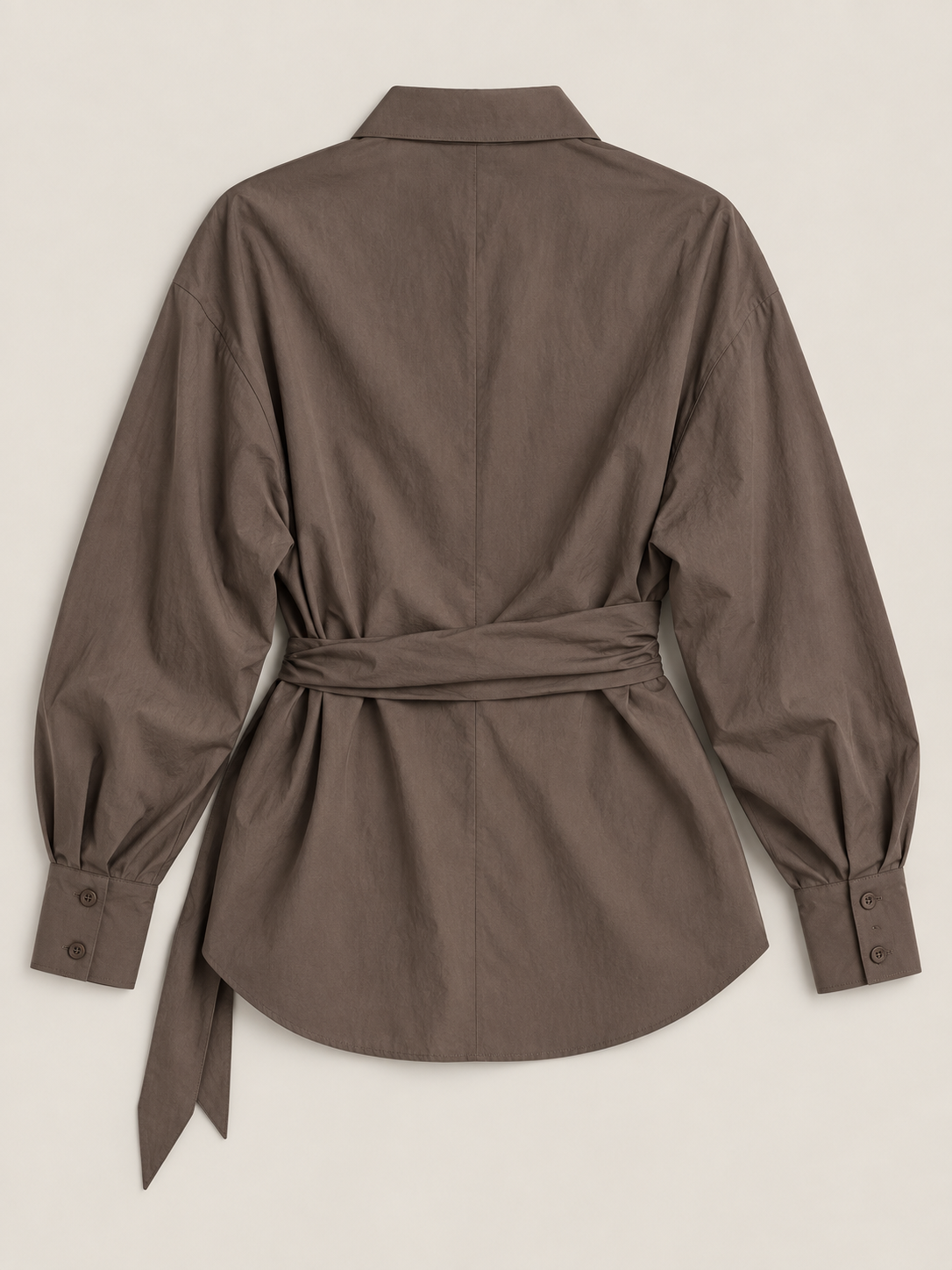 Brown cotton tie-waist shirt, flat lay back.