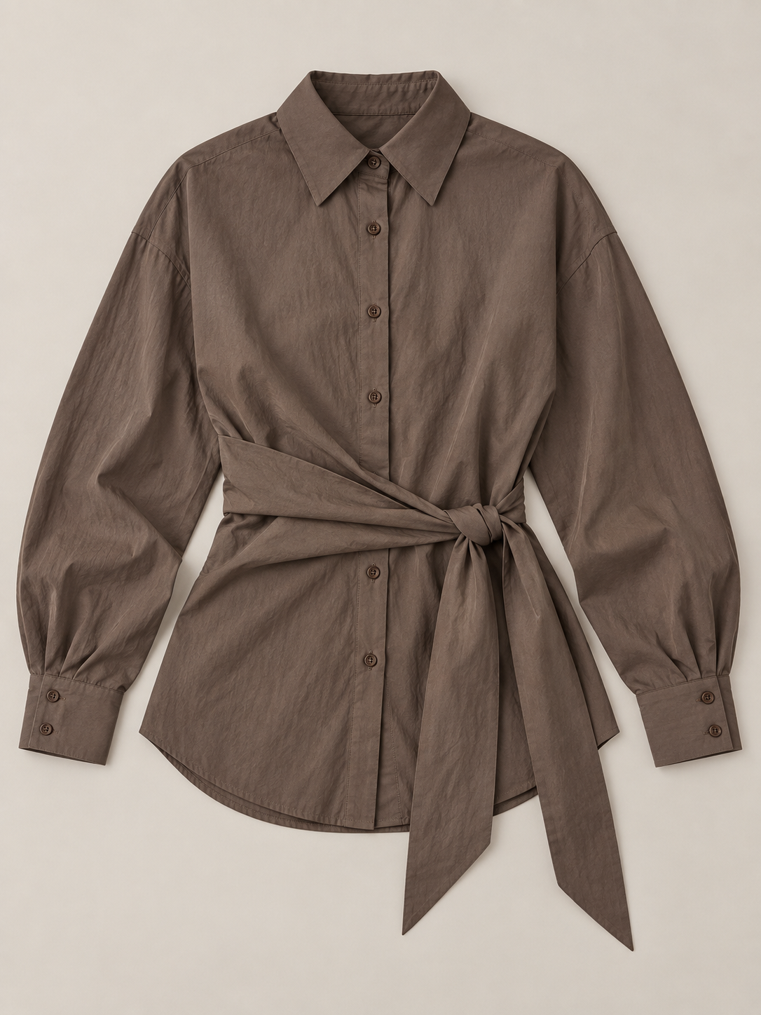 Brown cotton tie-waist shirt, flat lay front.
