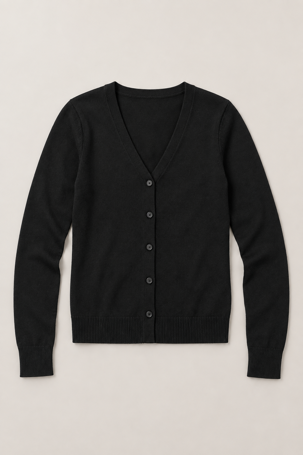 Black V-neck cardigan laid flat, showing five buttons and ribbed cuffs and hem.