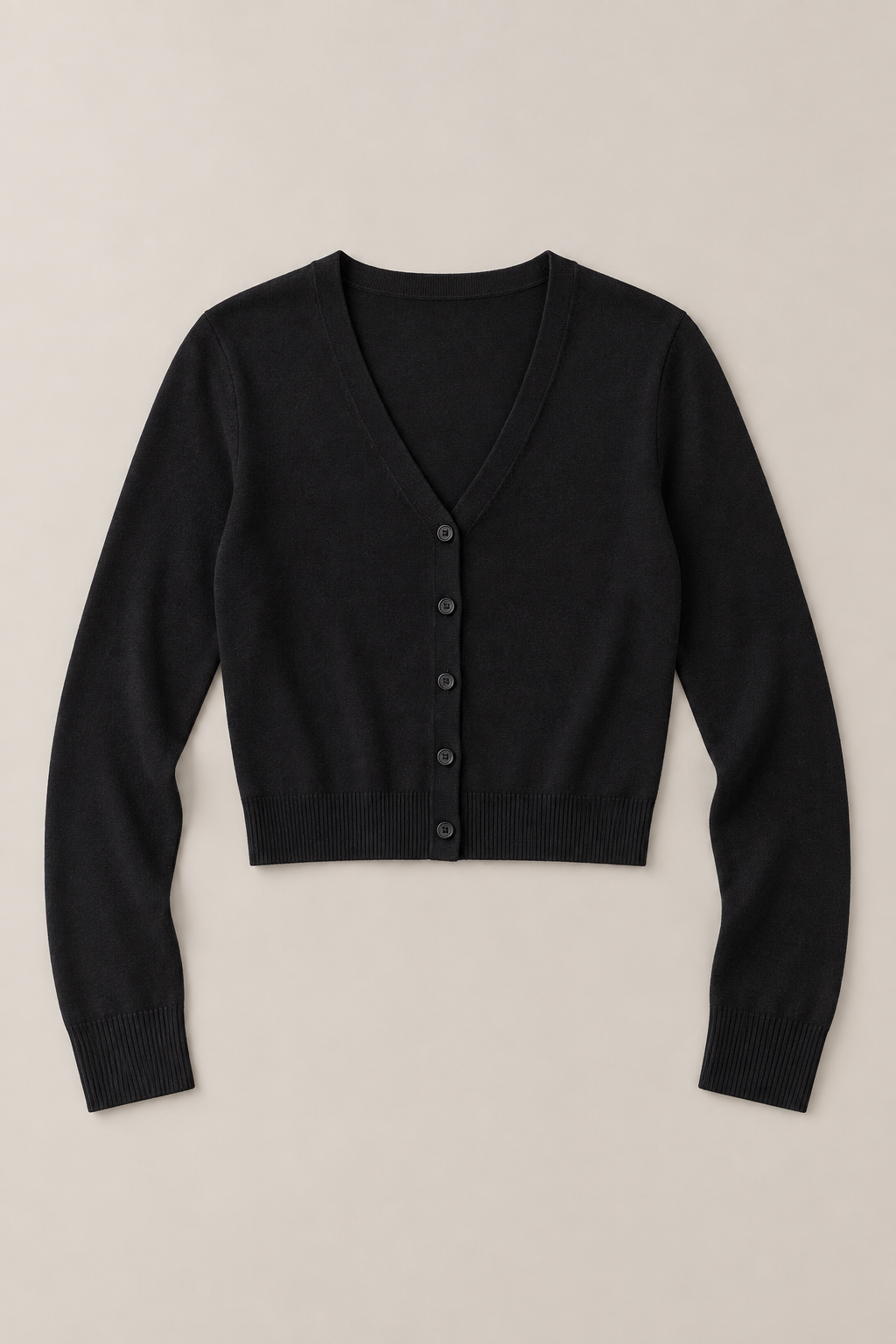 Black Petite cotton V-neck cardigan, flat front with five buttons.