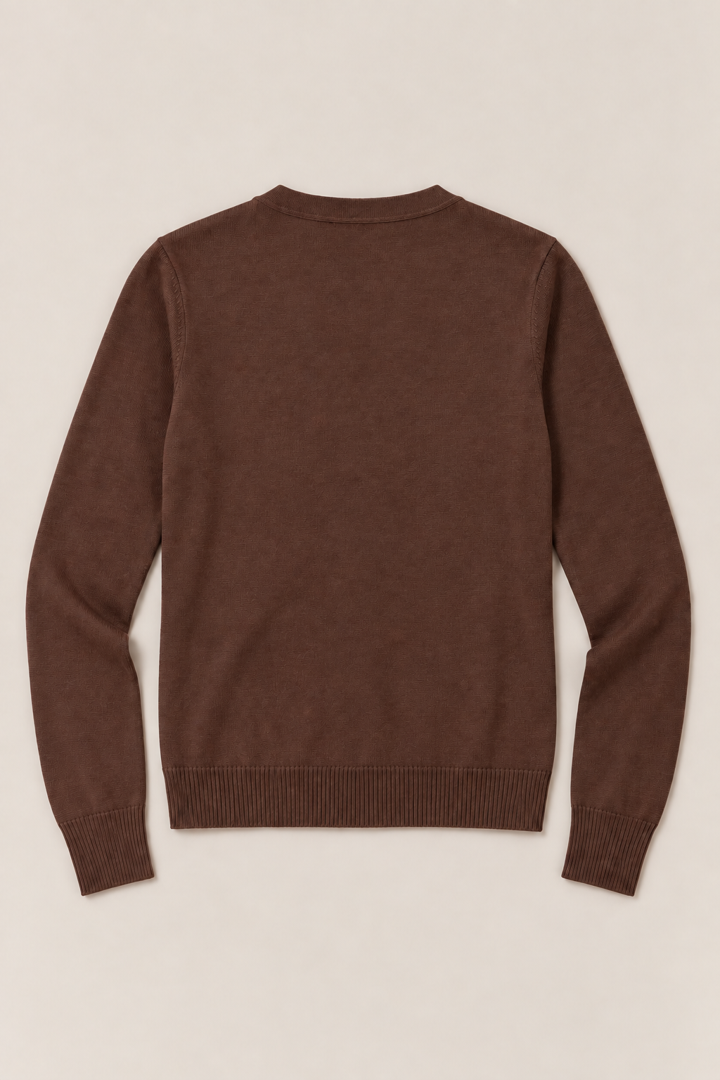 Chocolate Brown regular cotton V-neck cardigan, flat lay back.