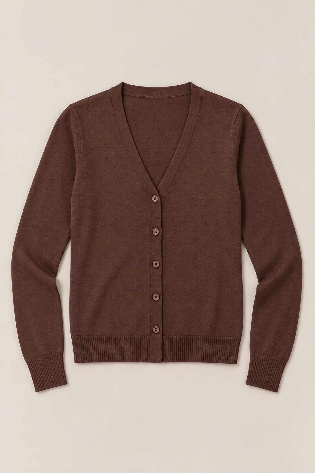 Chocolate Brown regular cotton V-neck cardigan, flat front with five buttons.