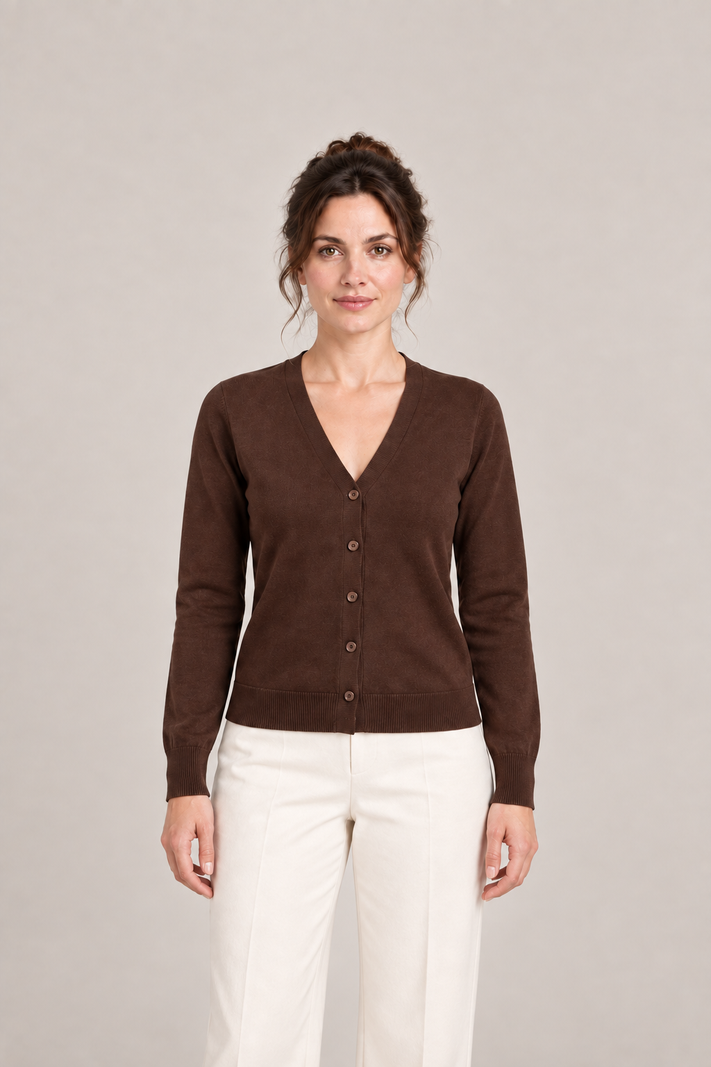 Chocolate Brown regular cotton V-neck cardigan on a model, front view.