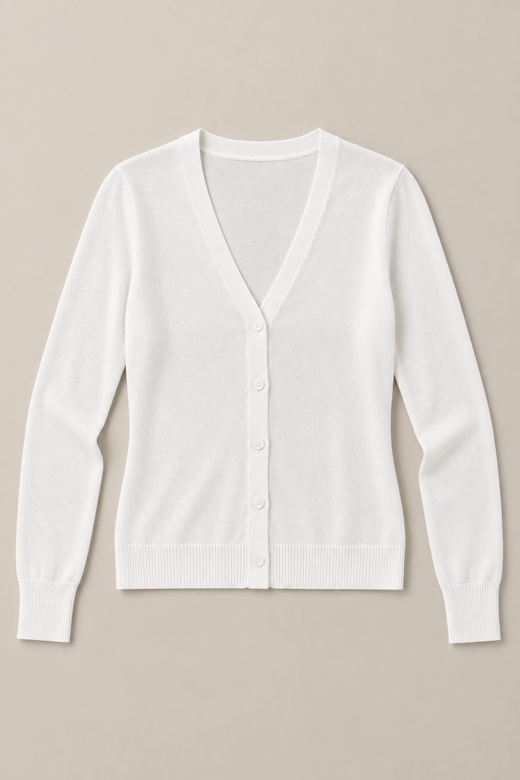 White regular cotton V-neck cardigan, flat front with five buttons.