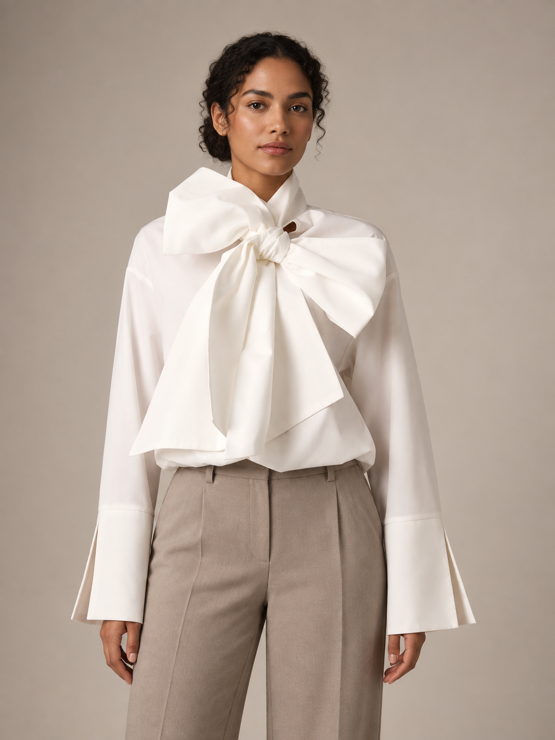 White oversized bow-neck blouse, front styling view tucked into trousers.