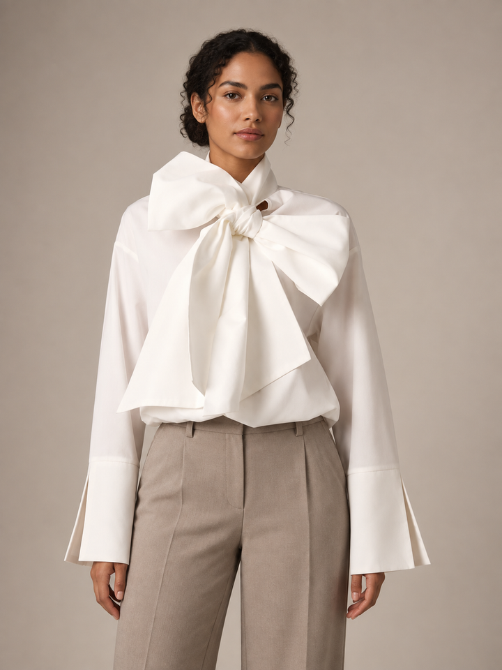 White oversized bow-neck blouse, front styling view tucked into trousers.