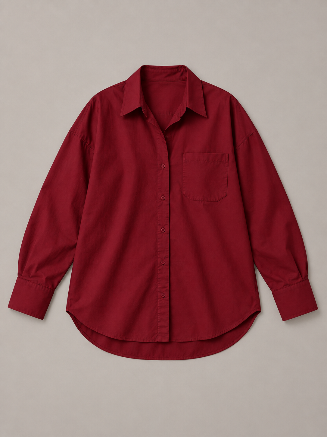Burgundy oversized button-up shirt, flat lay front