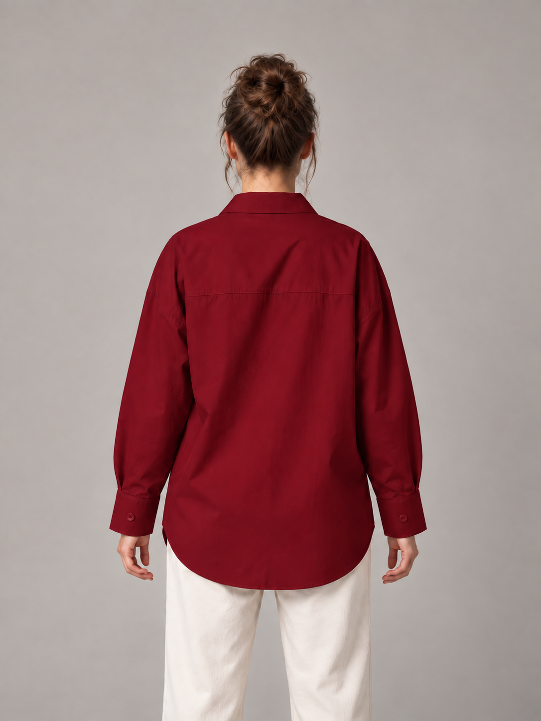 Burgundy oversized button-up shirt, model back