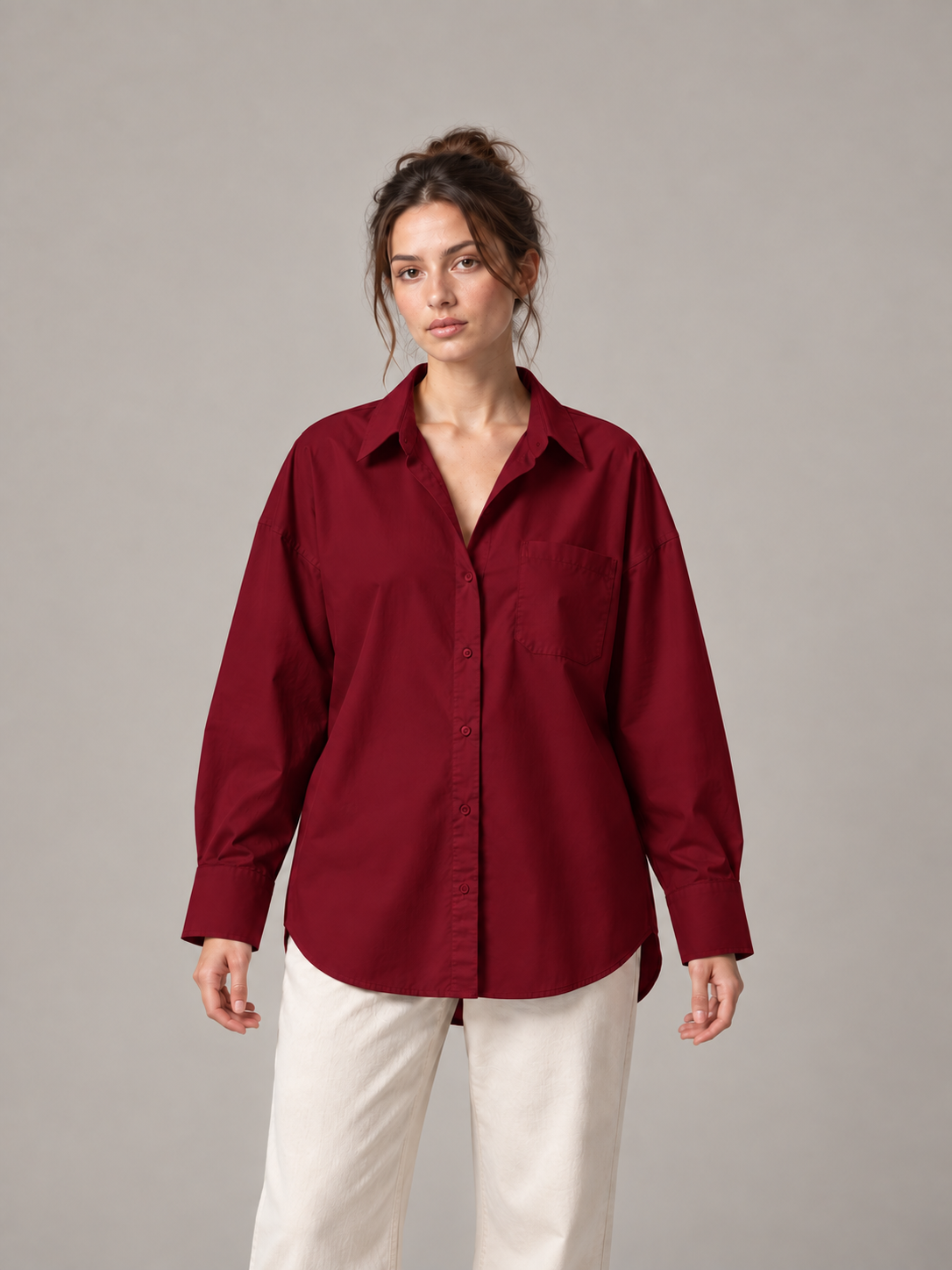 Burgundy oversized button-up shirt, model front