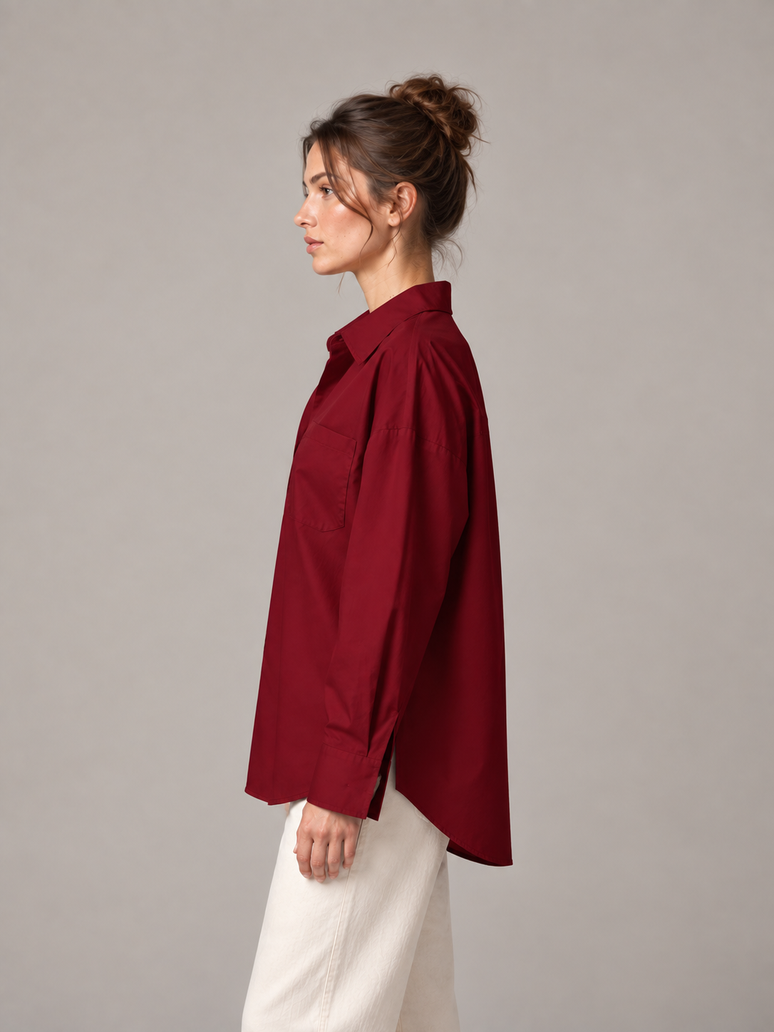 Burgundy oversized button-up shirt, model side