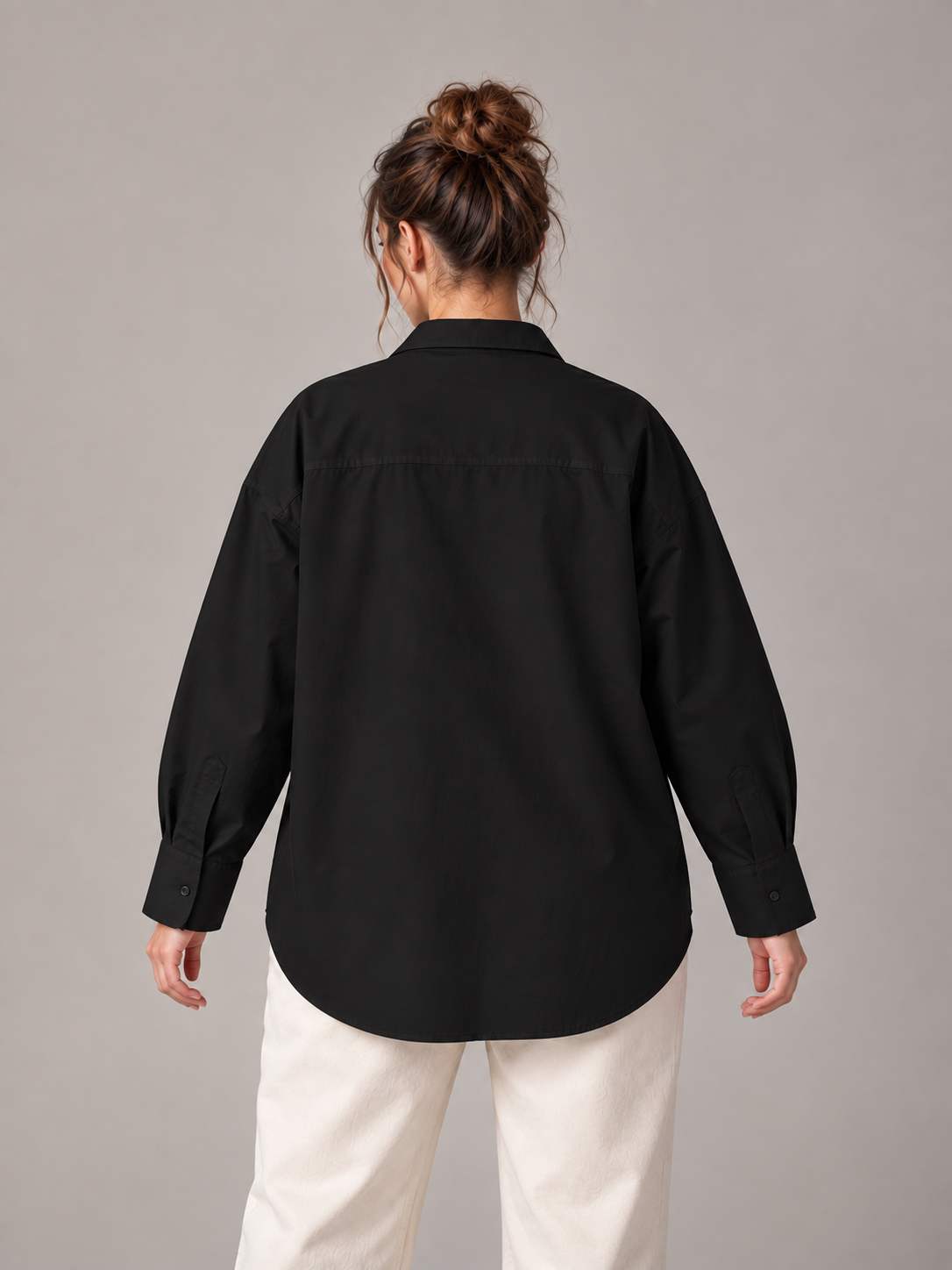 Black Curve button-up shirt on an adult model, back view; Curve size range 0XL–4XL.