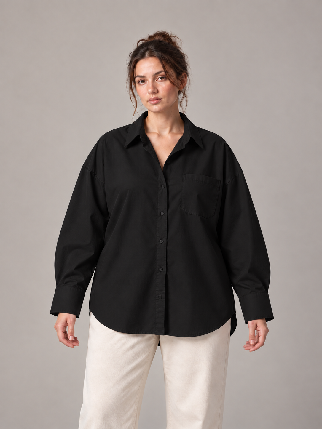 Black Curve button-up shirt on an adult model, front view; Curve size range 0XL–4XL.