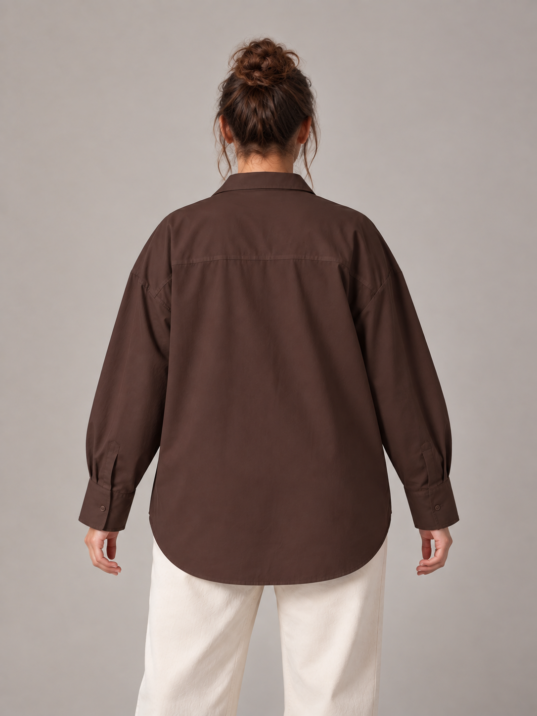Chocolate brown Curve button-up shirt on an adult model, back view; Curve size range 0XL–4XL.