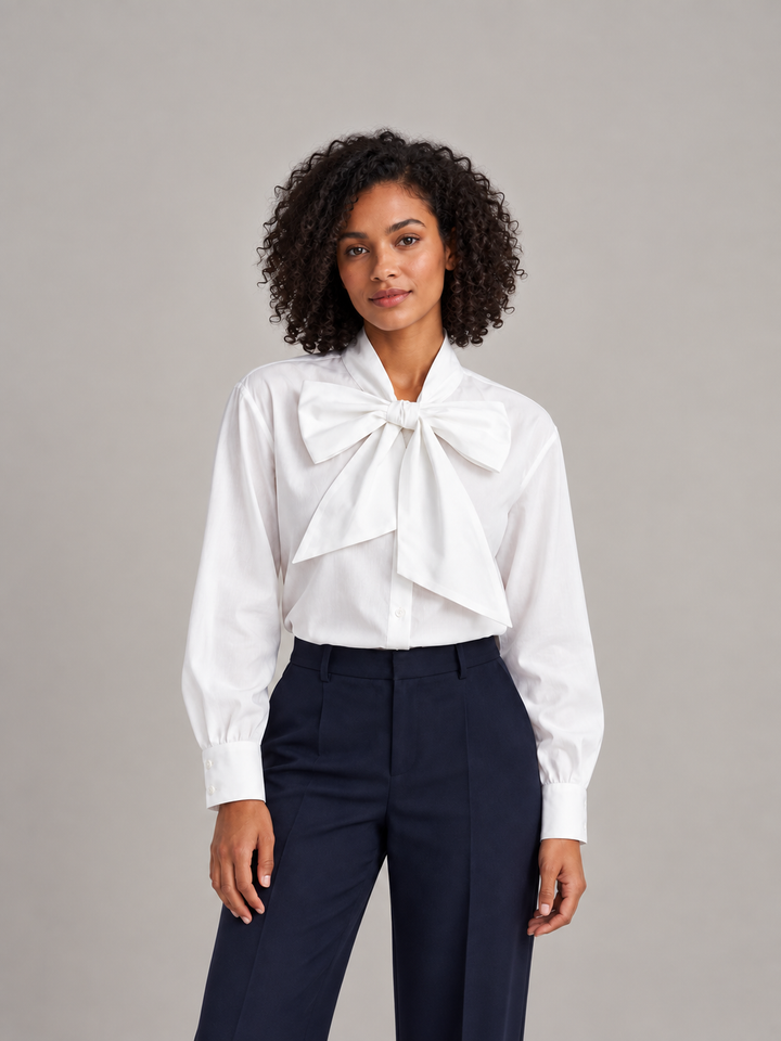 White bow-neck bishop-sleeve shirt, front styling view tucked into trousers.