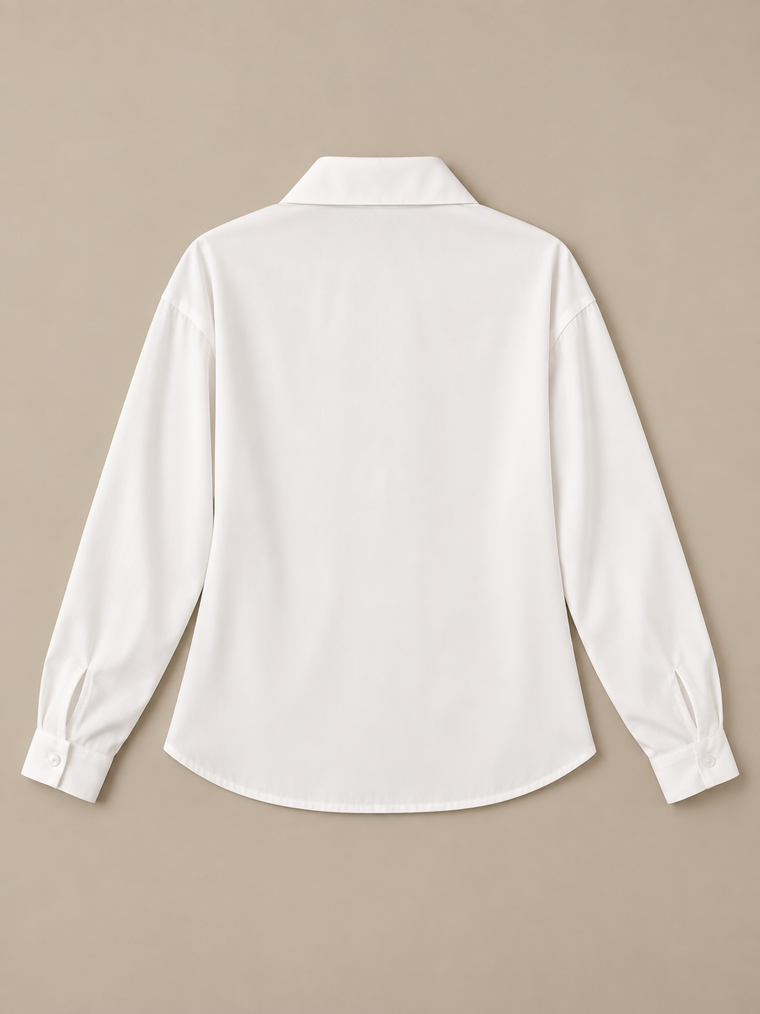 White tie-neck button-front blouse, flat lay back.