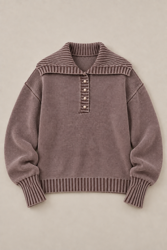 Brown washed cotton polo sweater, flat front with four-button placket and broad collar.