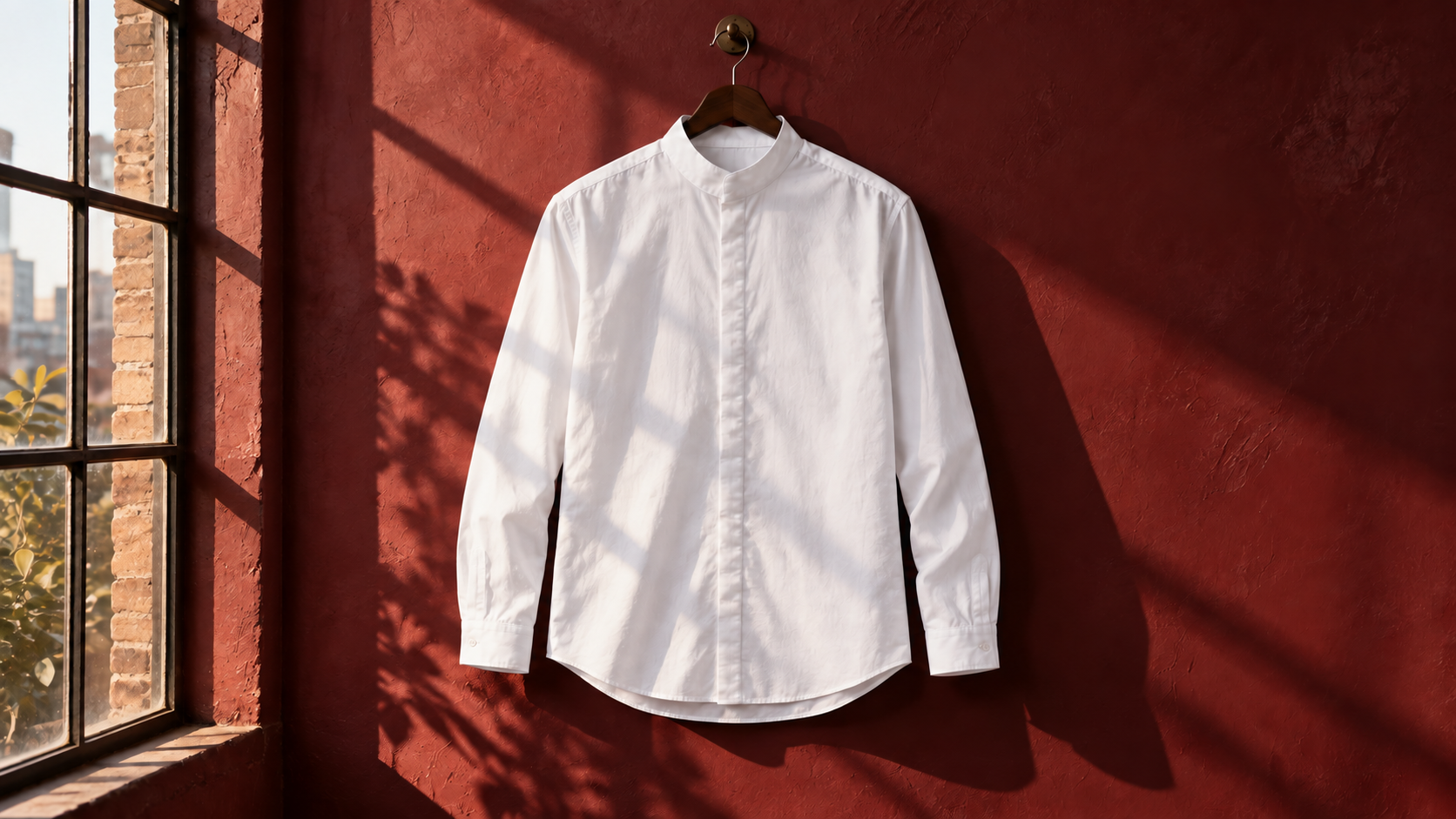 White stand-collar shirt displayed against a burgundy wall