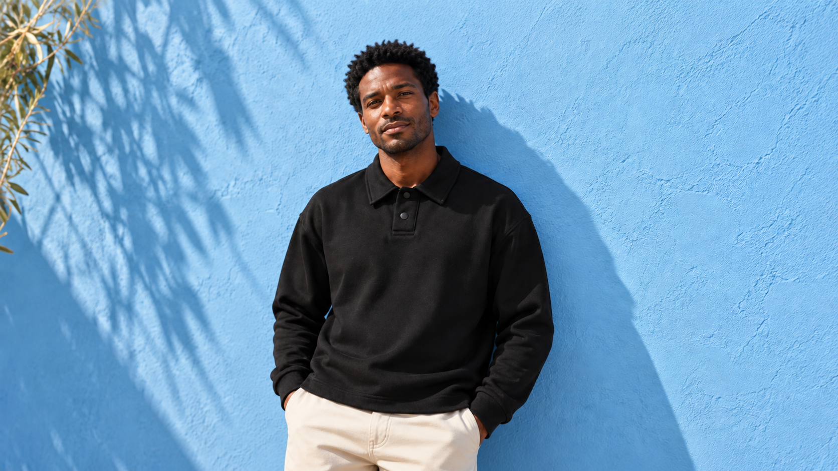 Man in a black snap-placket polo standing beside a sky-blue wall