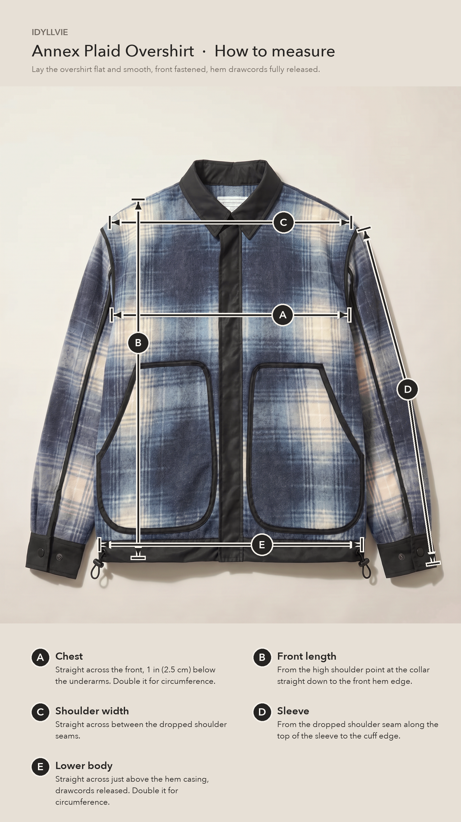 How to measure the Annex Plaid Overshirt flat: chest, front length, shoulder width, sleeve and lower body