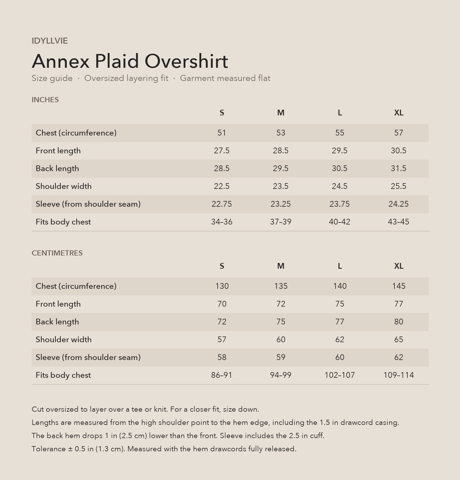 Annex Plaid Overshirt size guide with S, M, L and XL garment and body measurements in inches and centimetres