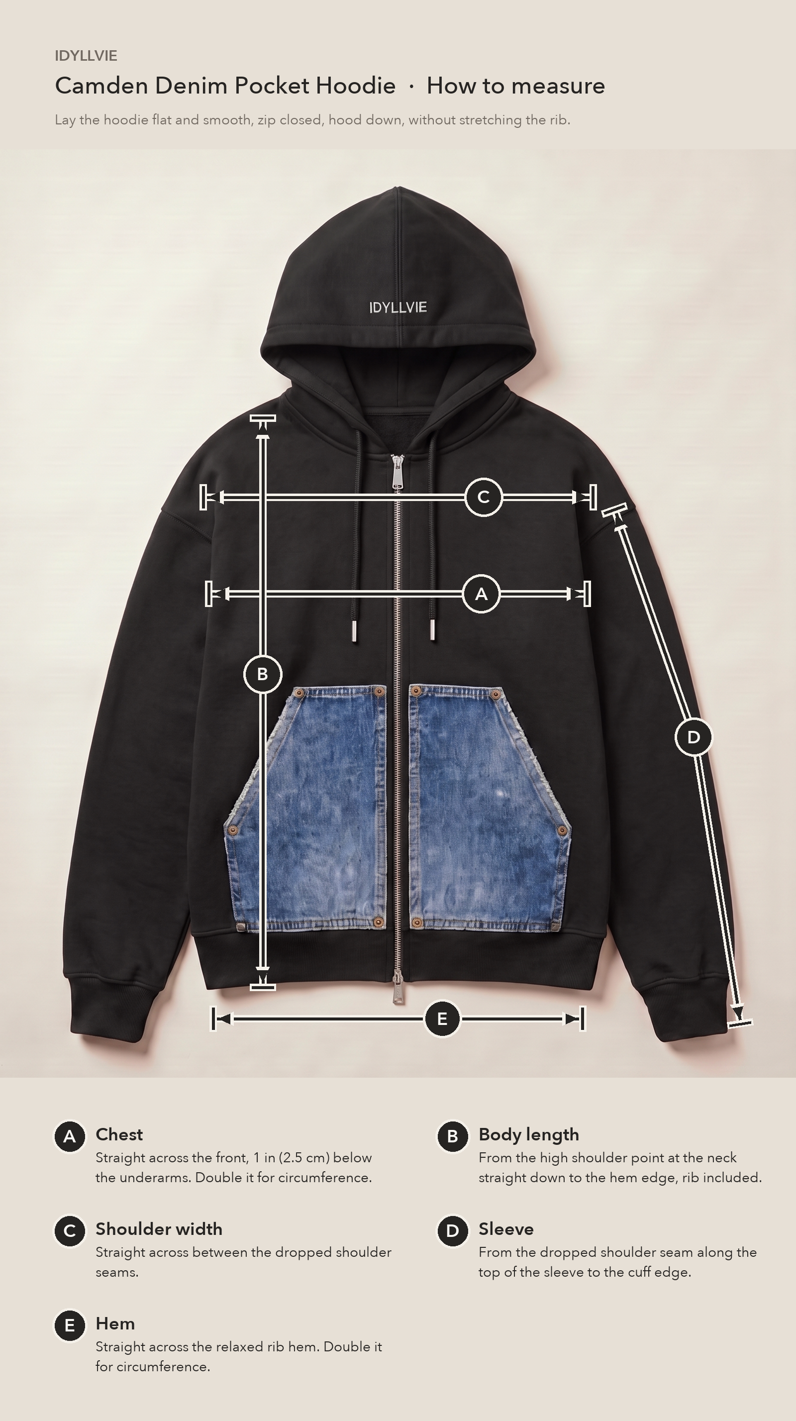 How to measure the Camden Denim Pocket Zip Hoodie flat: chest, body length, shoulder width, sleeve and hem