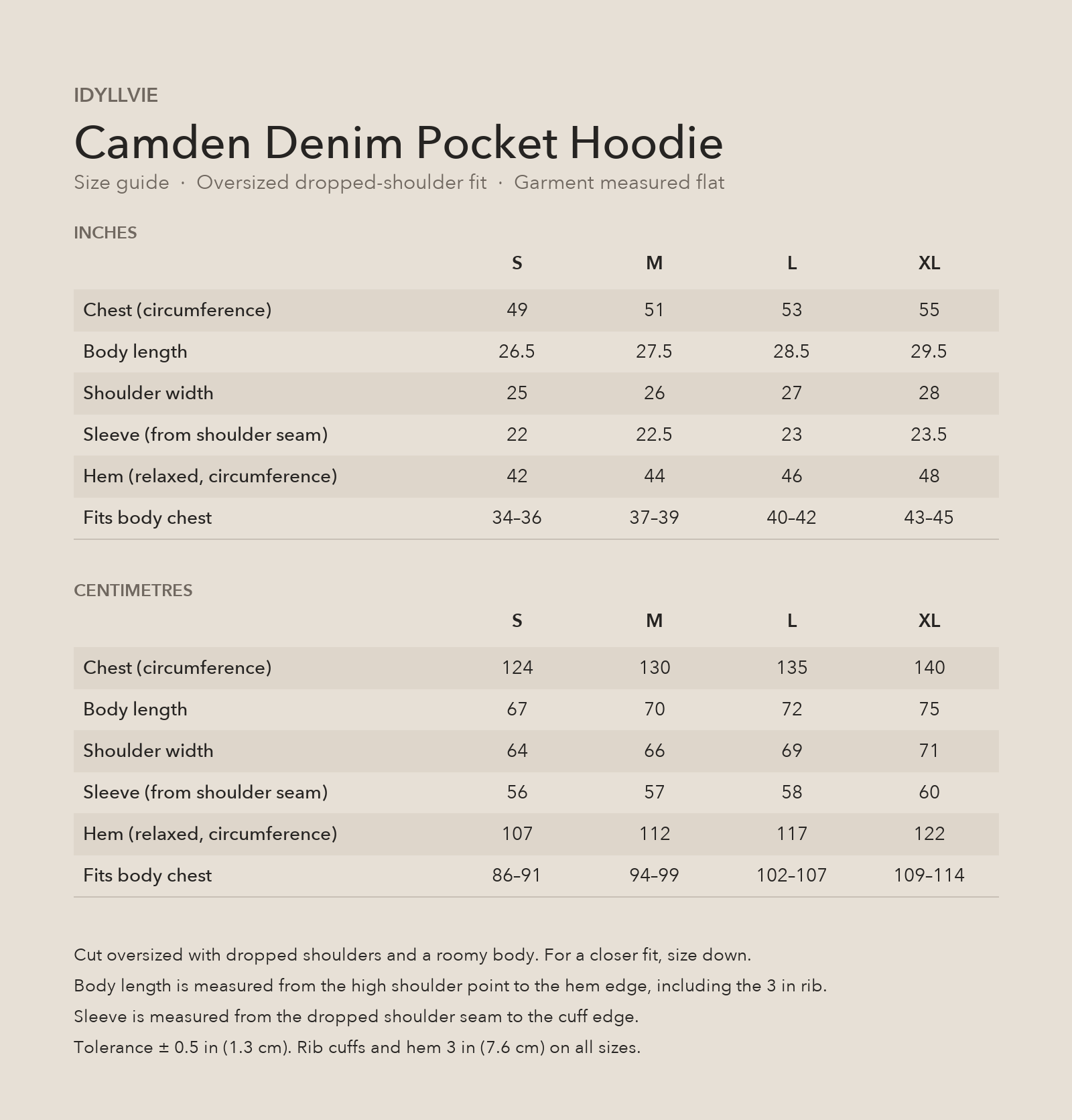 Camden Denim Pocket Zip Hoodie size guide with S, M, L and XL garment and body measurements in inches and centimetres