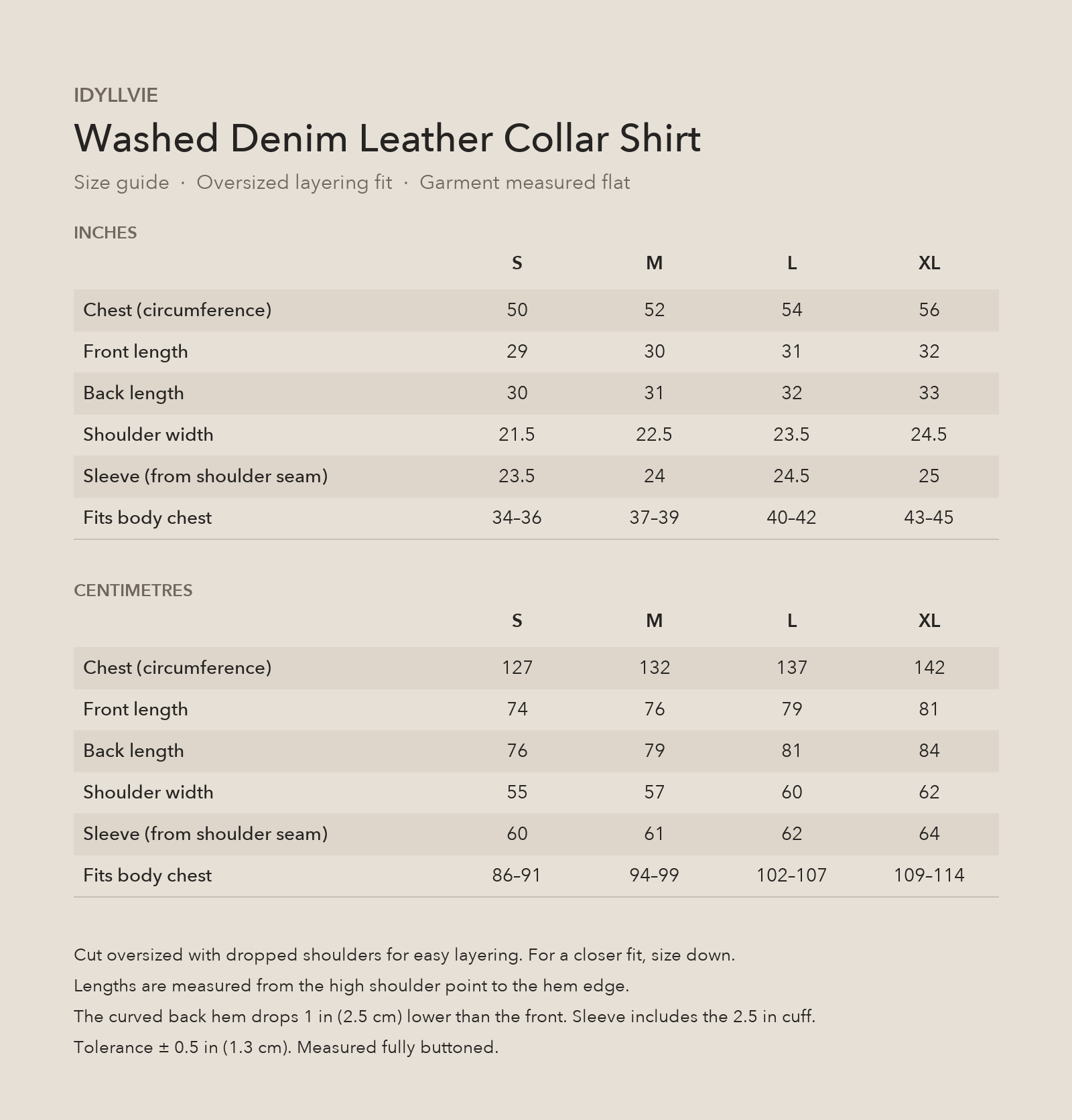 Washed Denim Leather Collar Shirt size guide with S, M, L and XL garment and body measurements in inches and centimetres