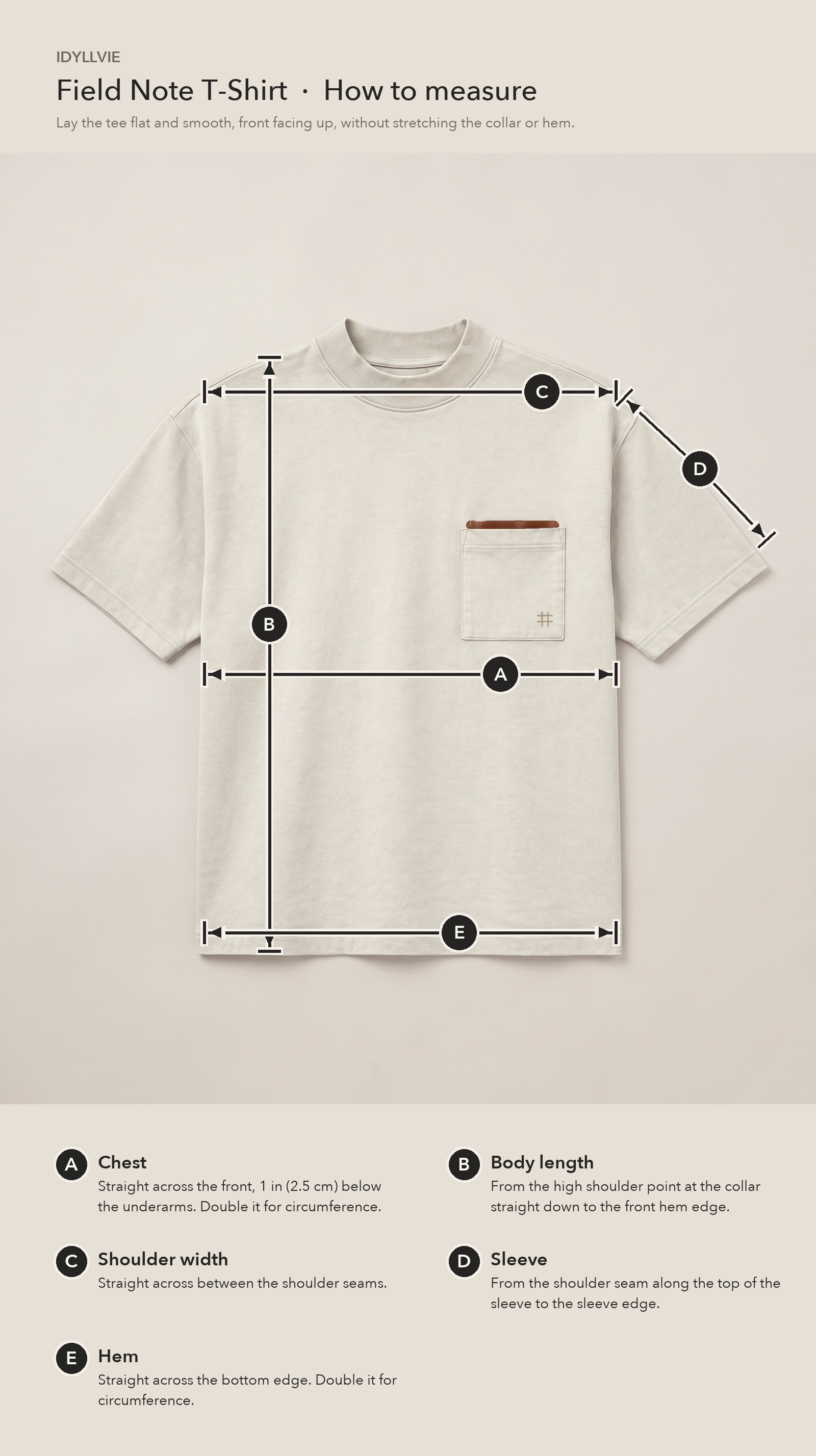 How to measure the Field Note T-shirt flat: chest, body length, shoulder width, sleeve and hem